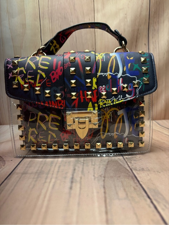 None Handbags - Multicolor Graffiti Studded Satchel with Clear Panel